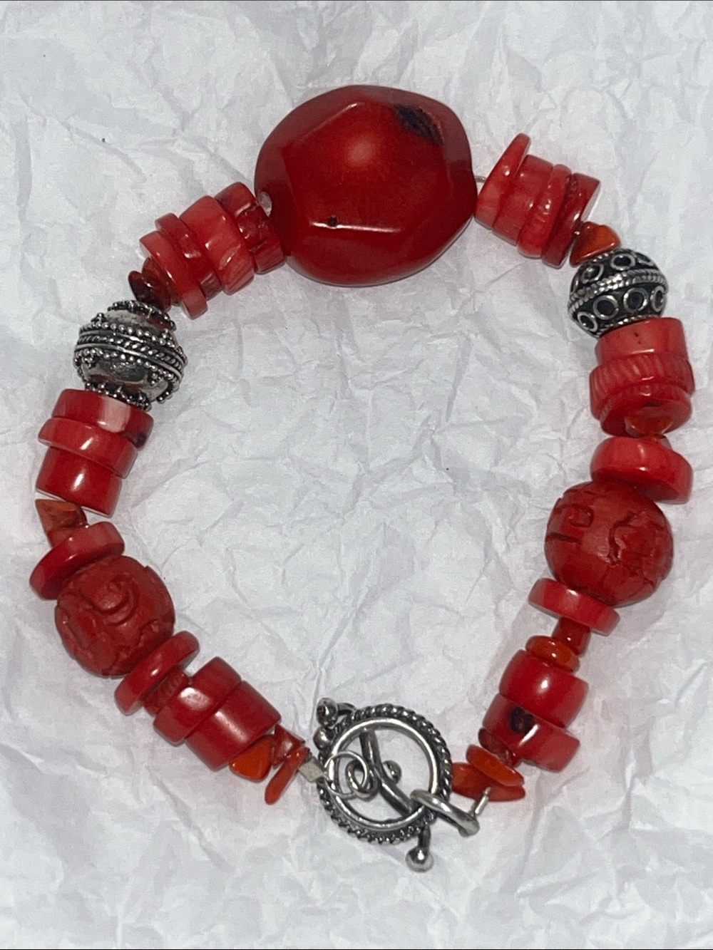 .925 Red Bamboo coral Bracelet with Silver and cinnabar Accent Beads - Picture 7 of 7